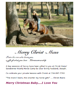 Savvy Horsemanship Christmas Gift - Prepaid Clinics with 4-Star Parelli Senior Instructor Christi Rains